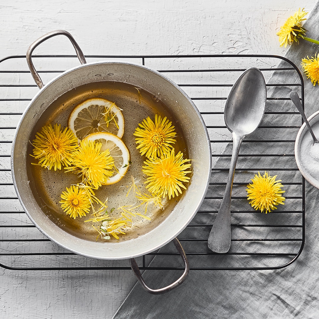 Ein Topf mit klarer Flüssigkeit, Löwenzahn-Blüten und Zitronenscheiben, auf einem Backofenrost.